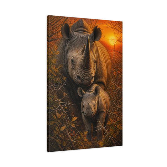 Main Mockup. Black Rhino Animals Sunrise shown as canvas print