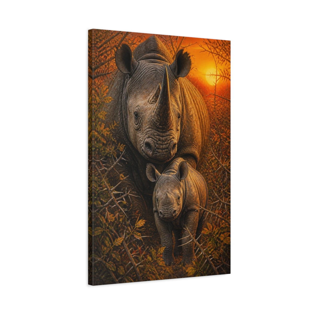 Side Mockup 2. Black Rhino Animals Sunrise shown as canvas print