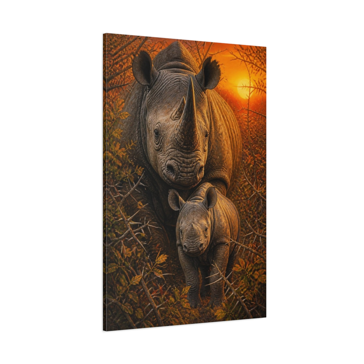 Side Mockup 1. Black Rhino Animals Sunrise shown as canvas print