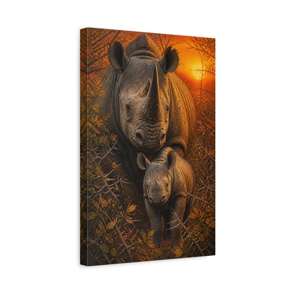 Side Mockup 4. Black Rhino Animals Sunrise shown as canvas print