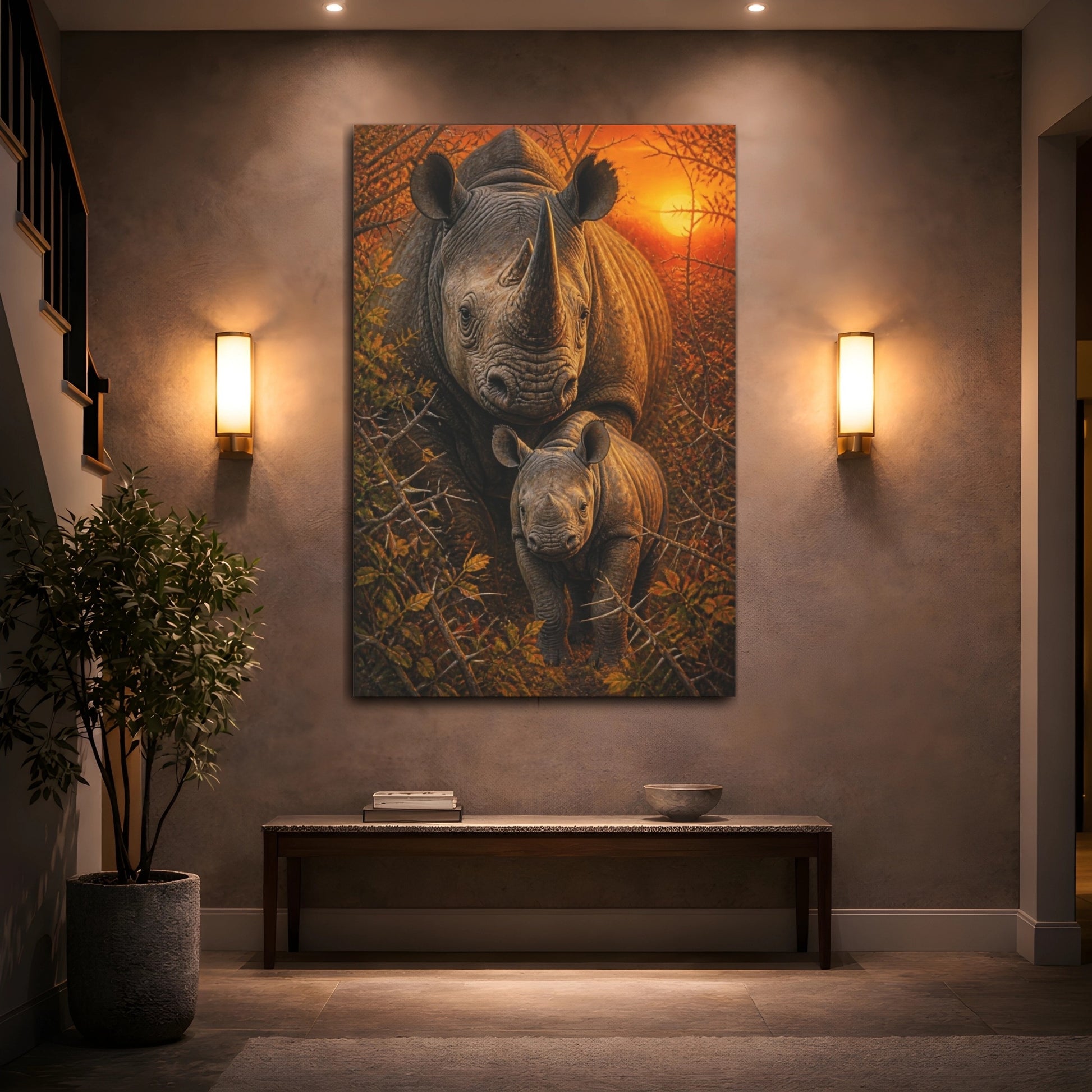 Mockup 2. Black Rhino Animals Sunrise shown as canvas print