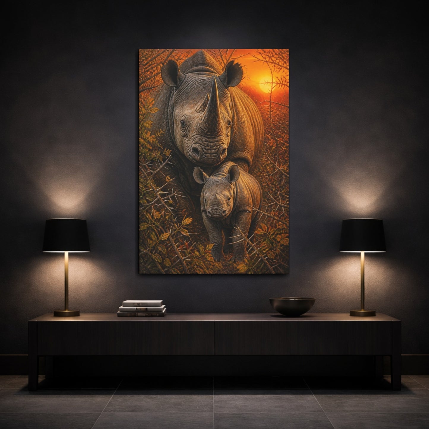 Mockup 3. Black Rhino Animals Sunrise shown as canvas print