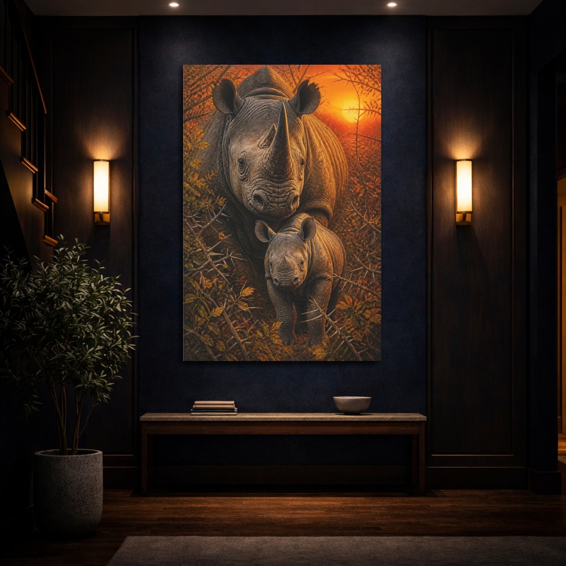 Mockup 4. Black Rhino Animals Sunrise shown as canvas print