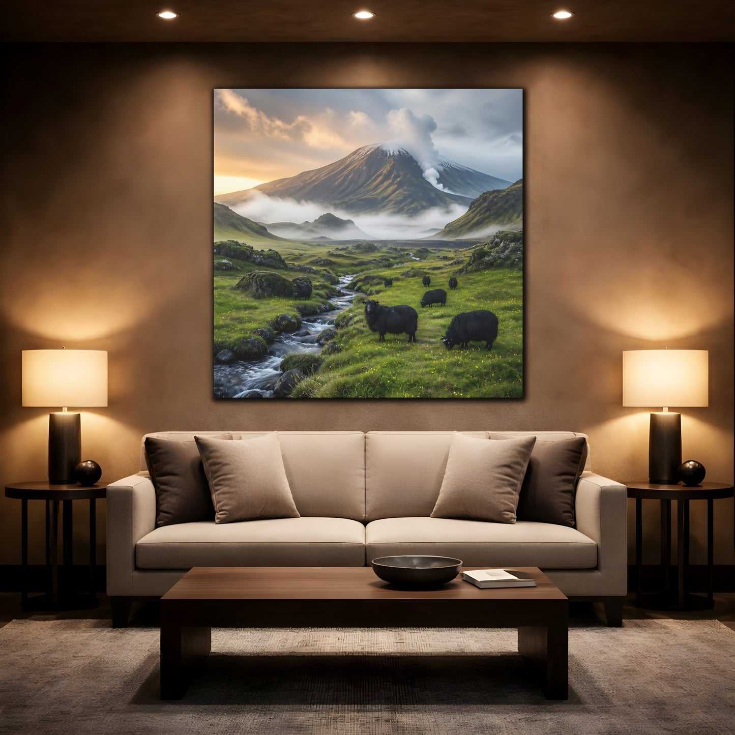 Mockup 2. Black Sheep Landscape shown as canvas print