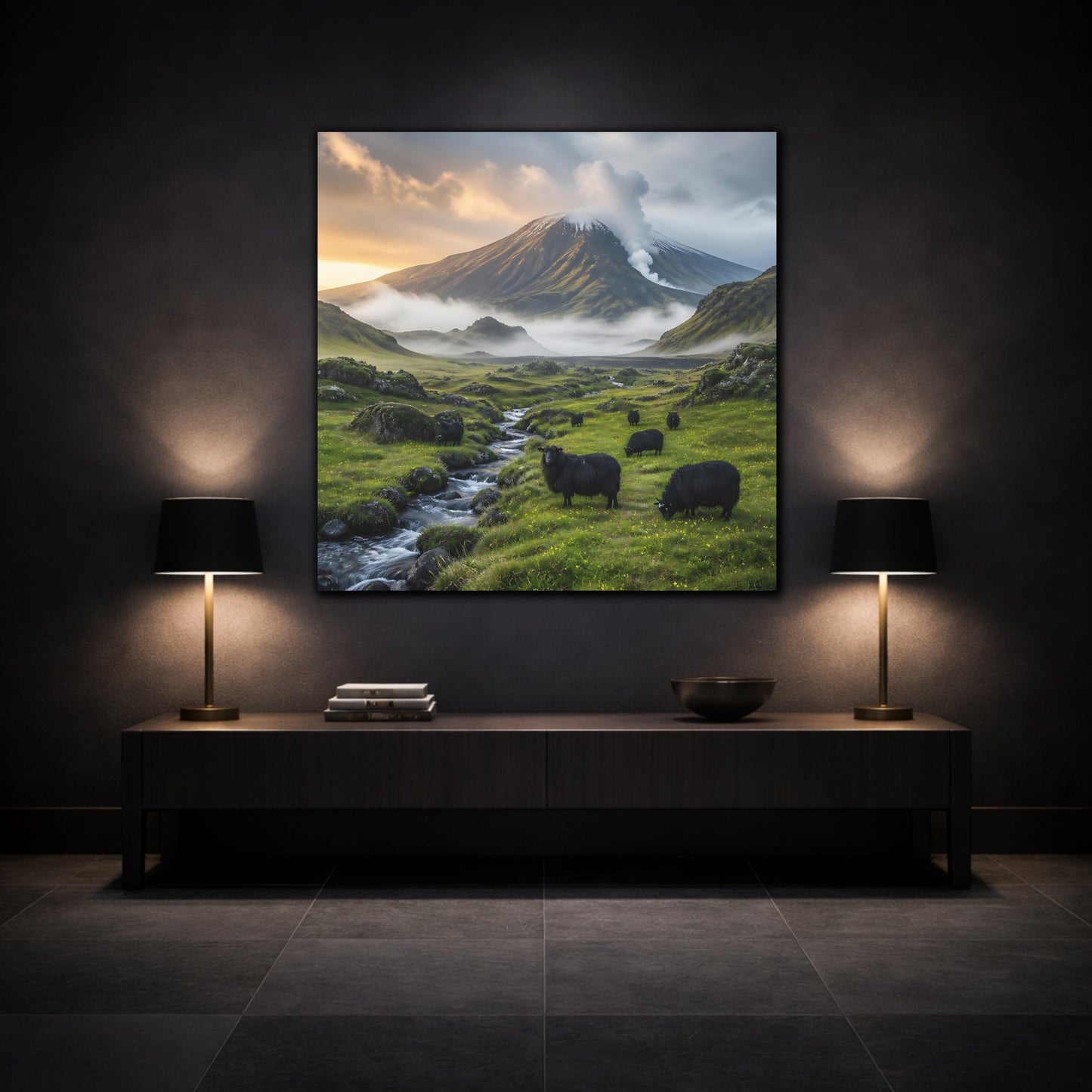 Mockup 3. Black Sheep Landscape shown as canvas print