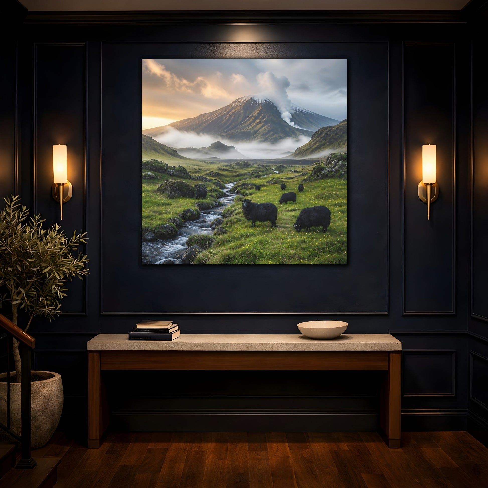Mockup 4. Black Sheep Landscape shown as canvas print