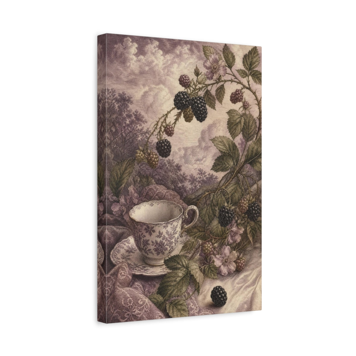 Side Mockup 4. Blackberry Tea Cup shown as canvas print