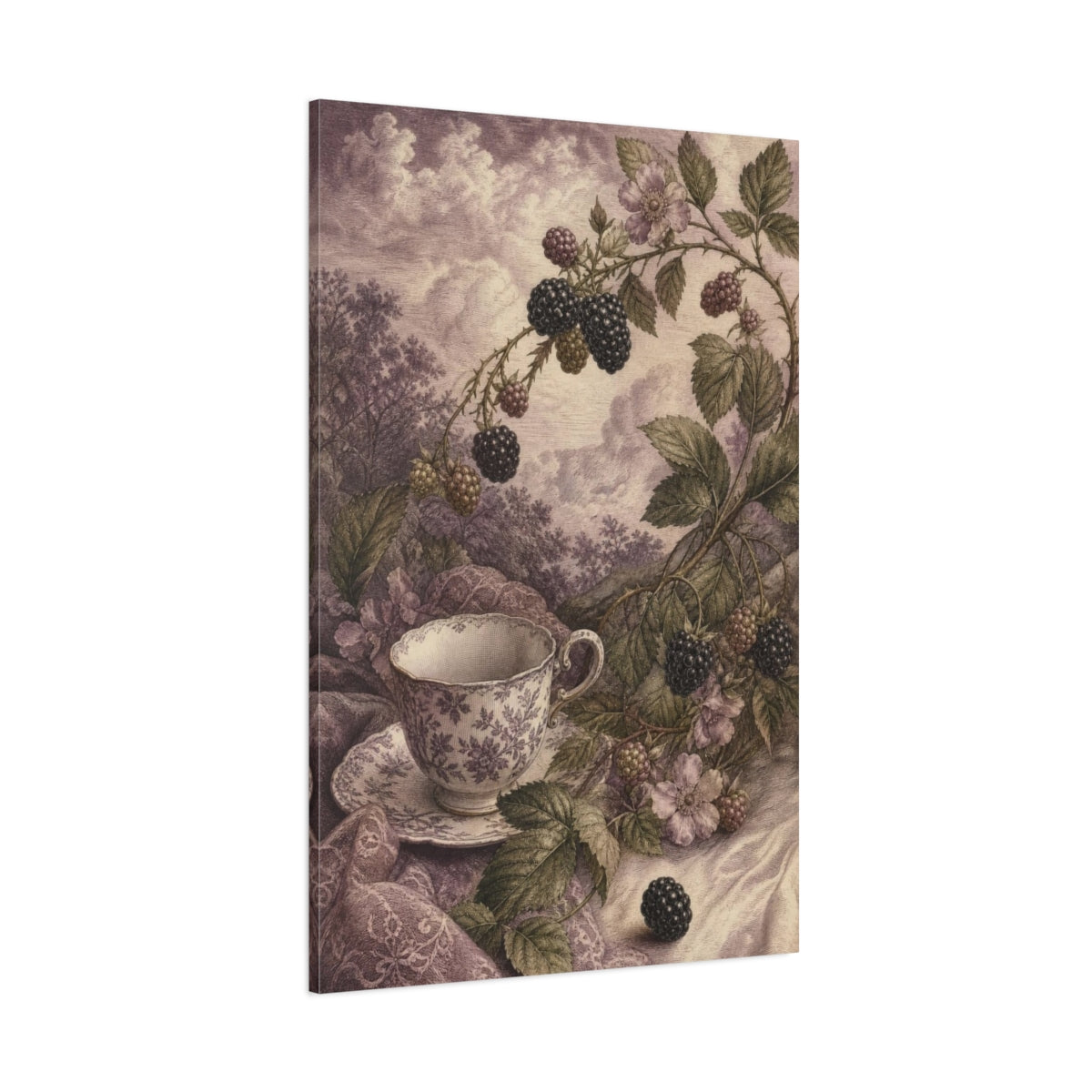 Side Mockup 1. Blackberry Tea Cup shown as canvas print