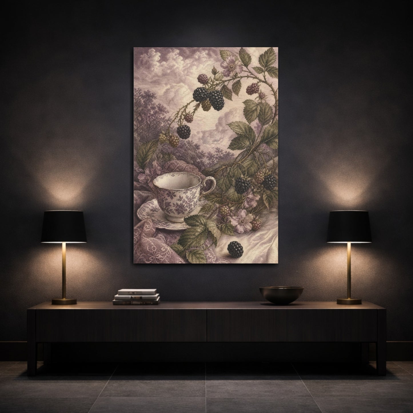 Mockup 3. Blackberry Tea Cup shown as canvas print