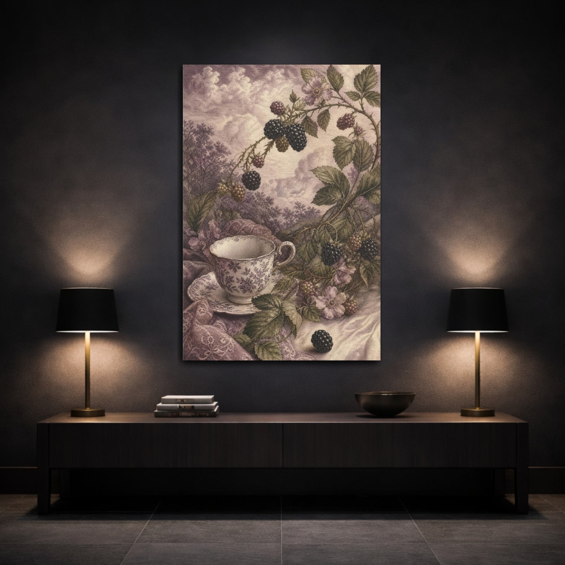 Mockup 3. Blackberry Tea Cup shown as canvas print