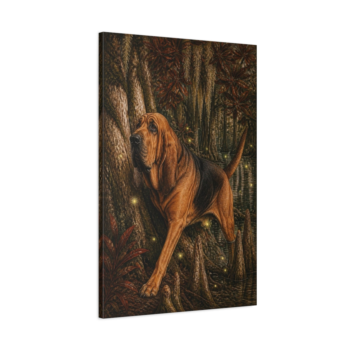 Main Mockup. Bloodhound Pet In Swamp shown as canvas print