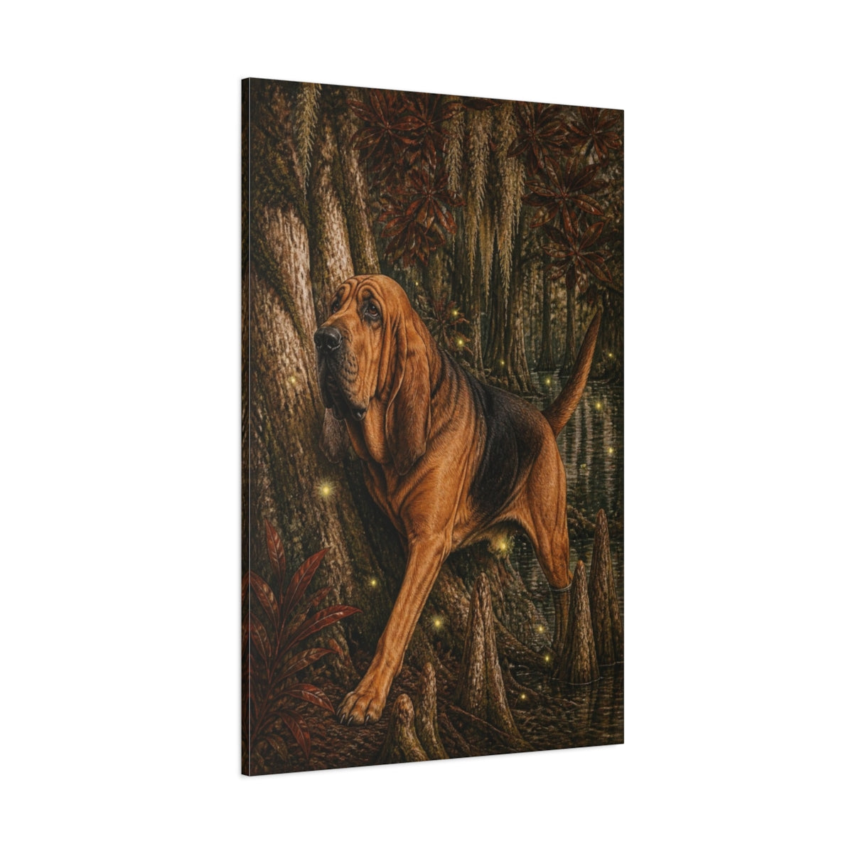 Side Mockup 1. Bloodhound Pet In Swamp shown as canvas print
