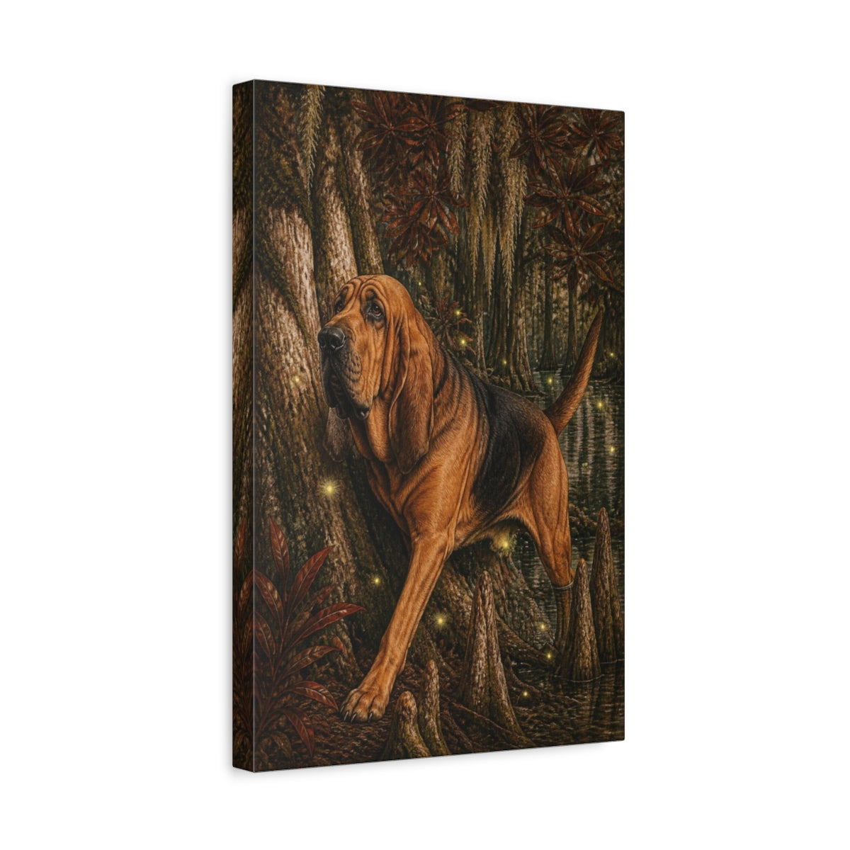 Side Mockup 4. Bloodhound Pet In Swamp shown as canvas print