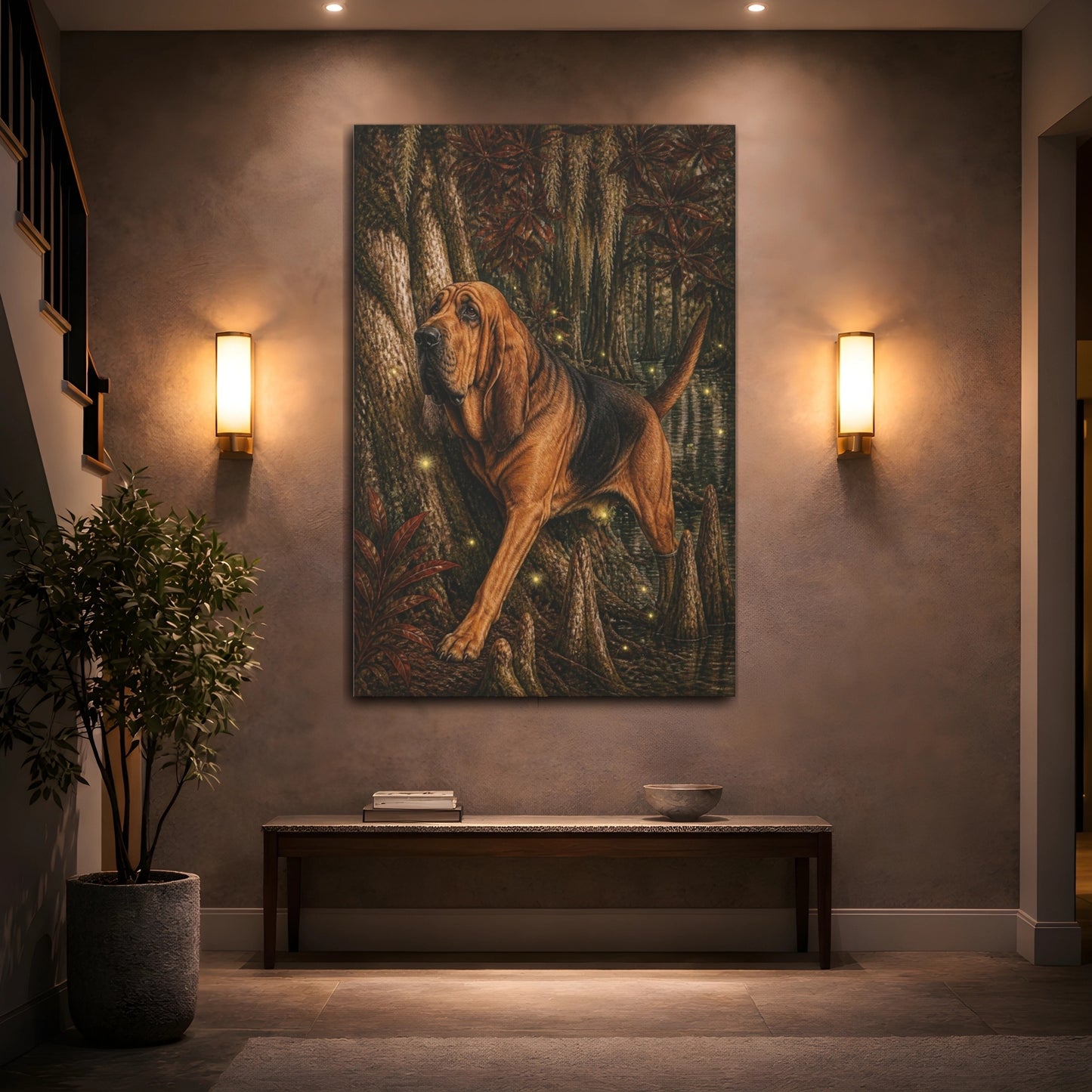 Mockup 2. Bloodhound Pet In Swamp shown as canvas print