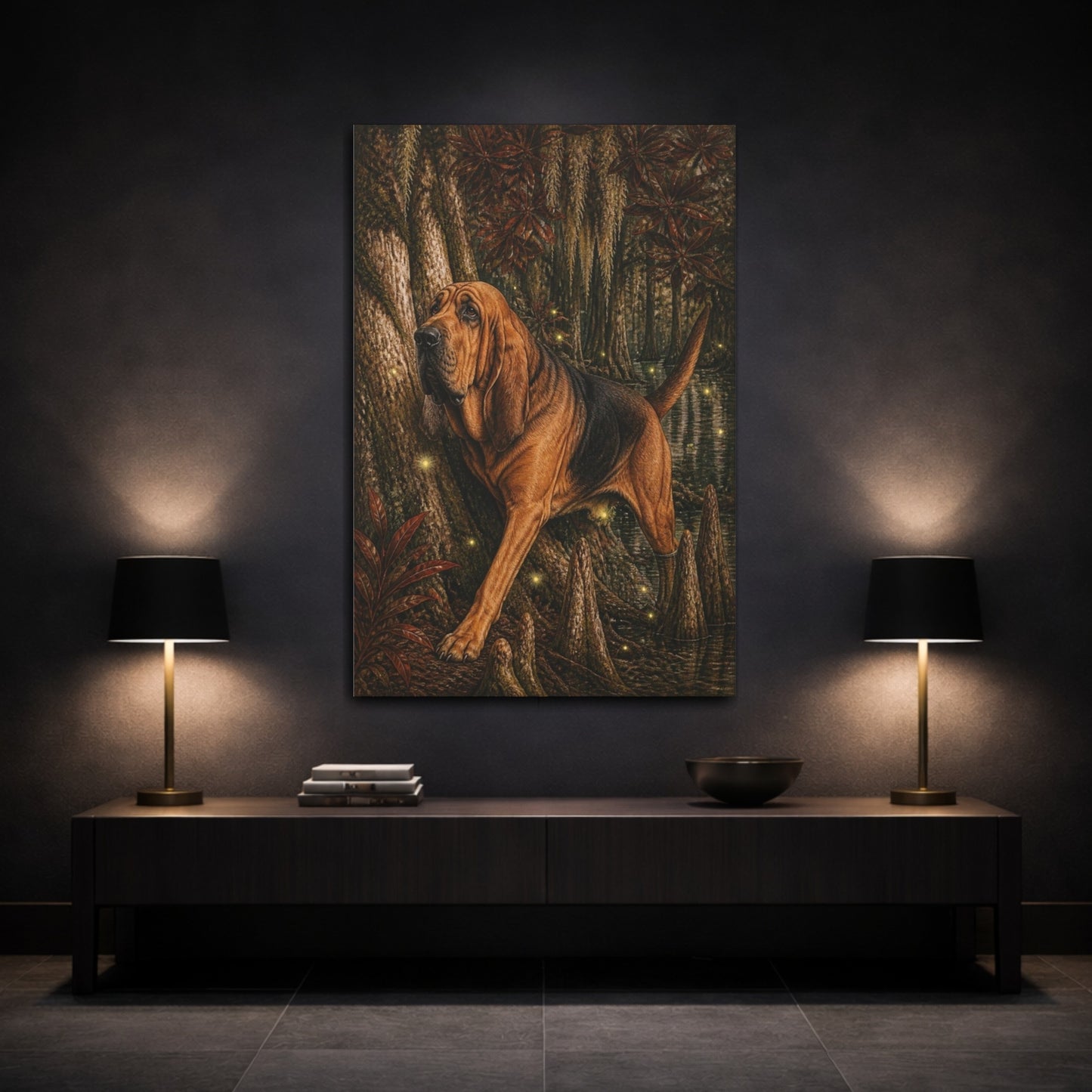 Mockup 3. Bloodhound Pet In Swamp shown as canvas print