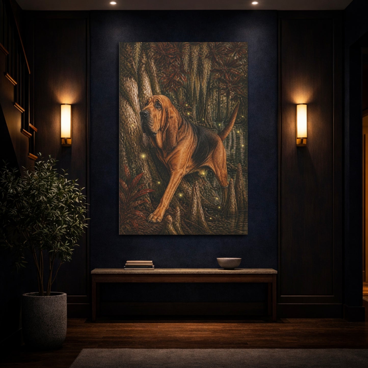 Mockup 4. Bloodhound Pet In Swamp shown as canvas print