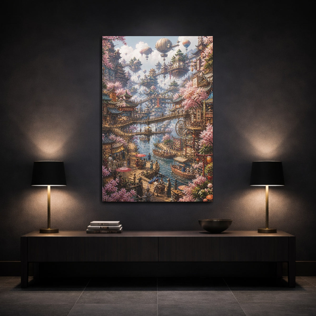 Mockup 3. Blooming Floating Harbor shown as canvas print