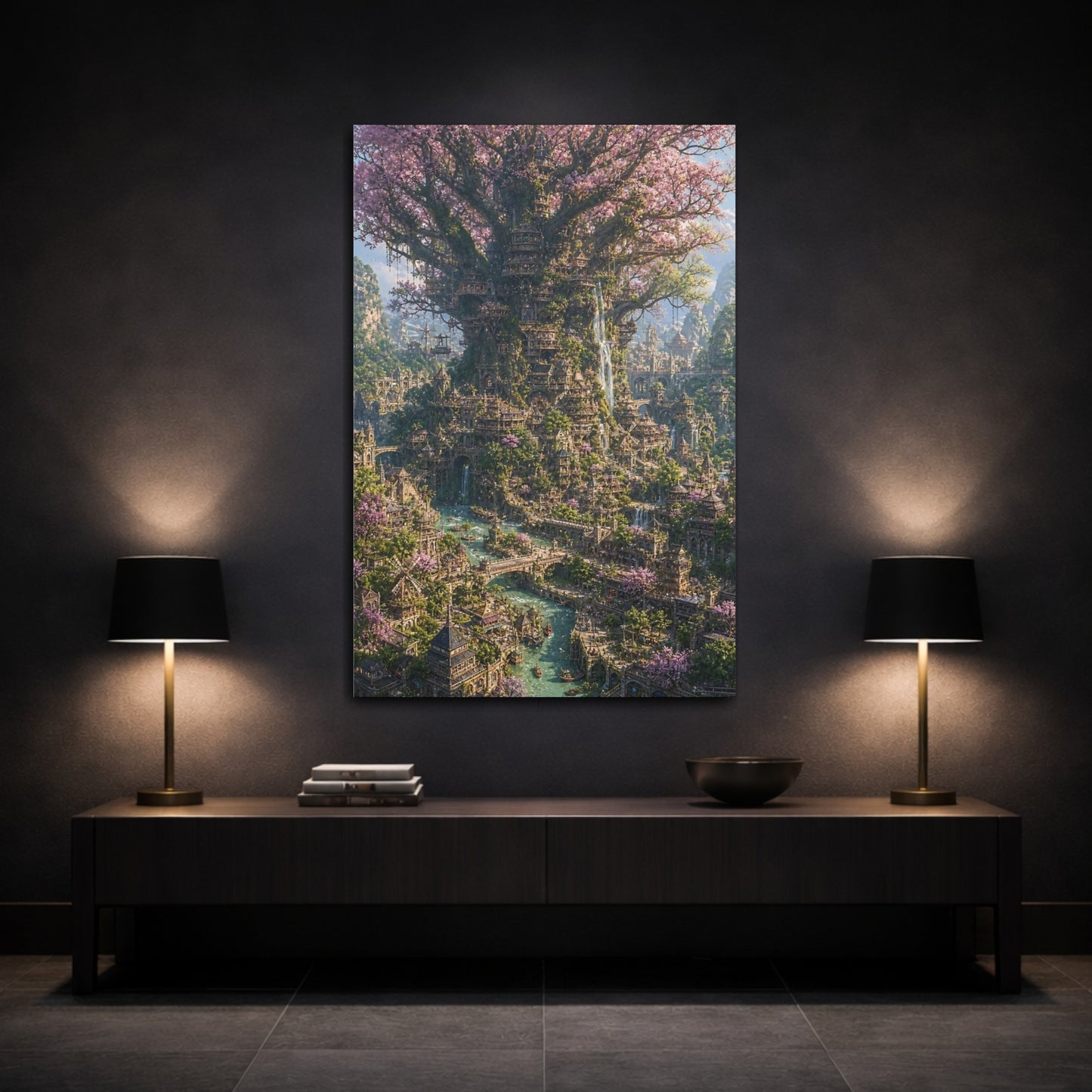 Mockup 3. Blossom Tree City shown as canvas print