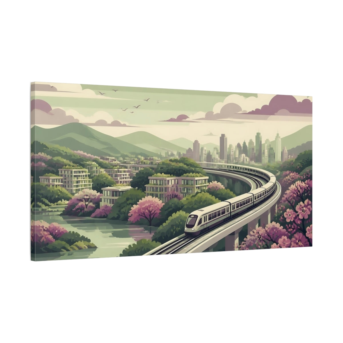 Main Mockup. Blossom Valley Train shown as canvas print