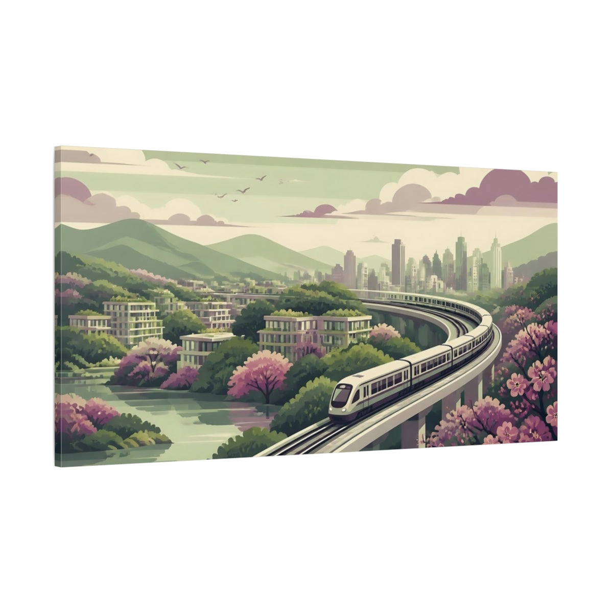 Side Mockup 2. Blossom Valley Train shown as canvas print