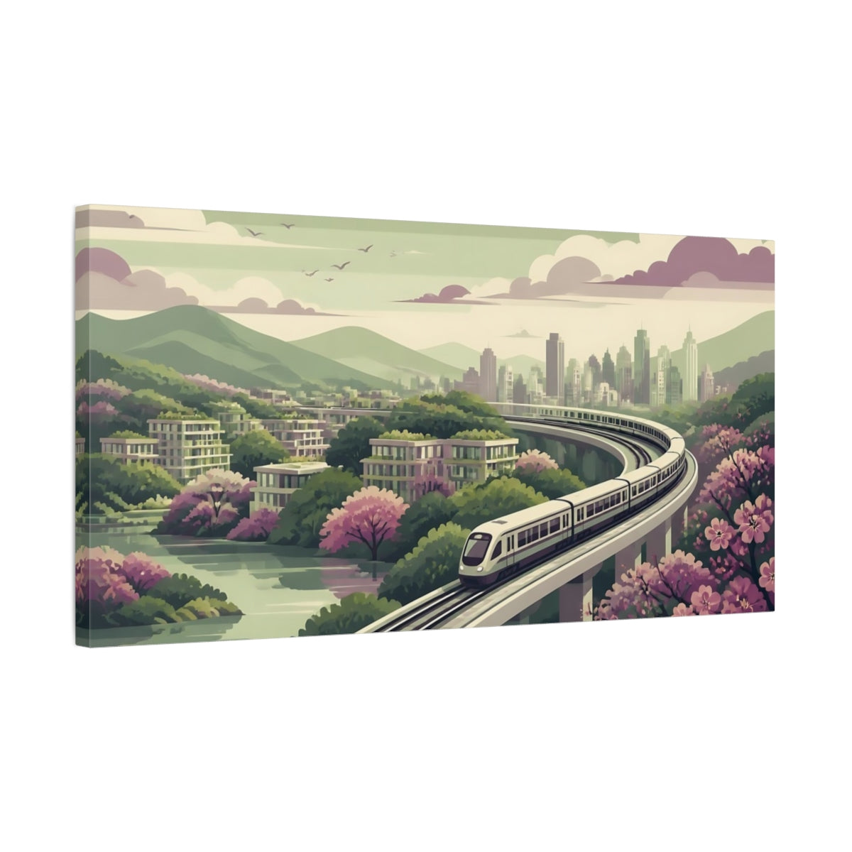 Side Mockup 1. Blossom Valley Train shown as canvas print