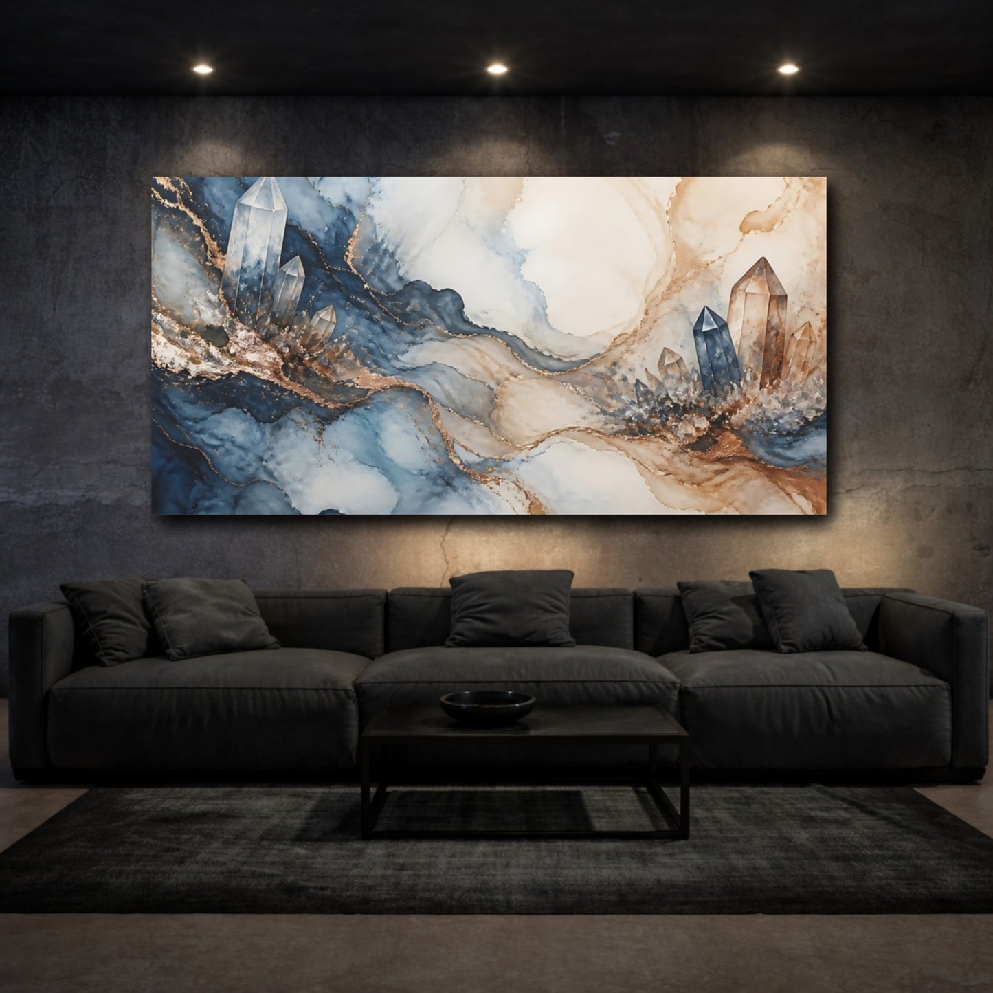 Mockup 3. Blue & Gold Crystal Cluster shown as canvas print