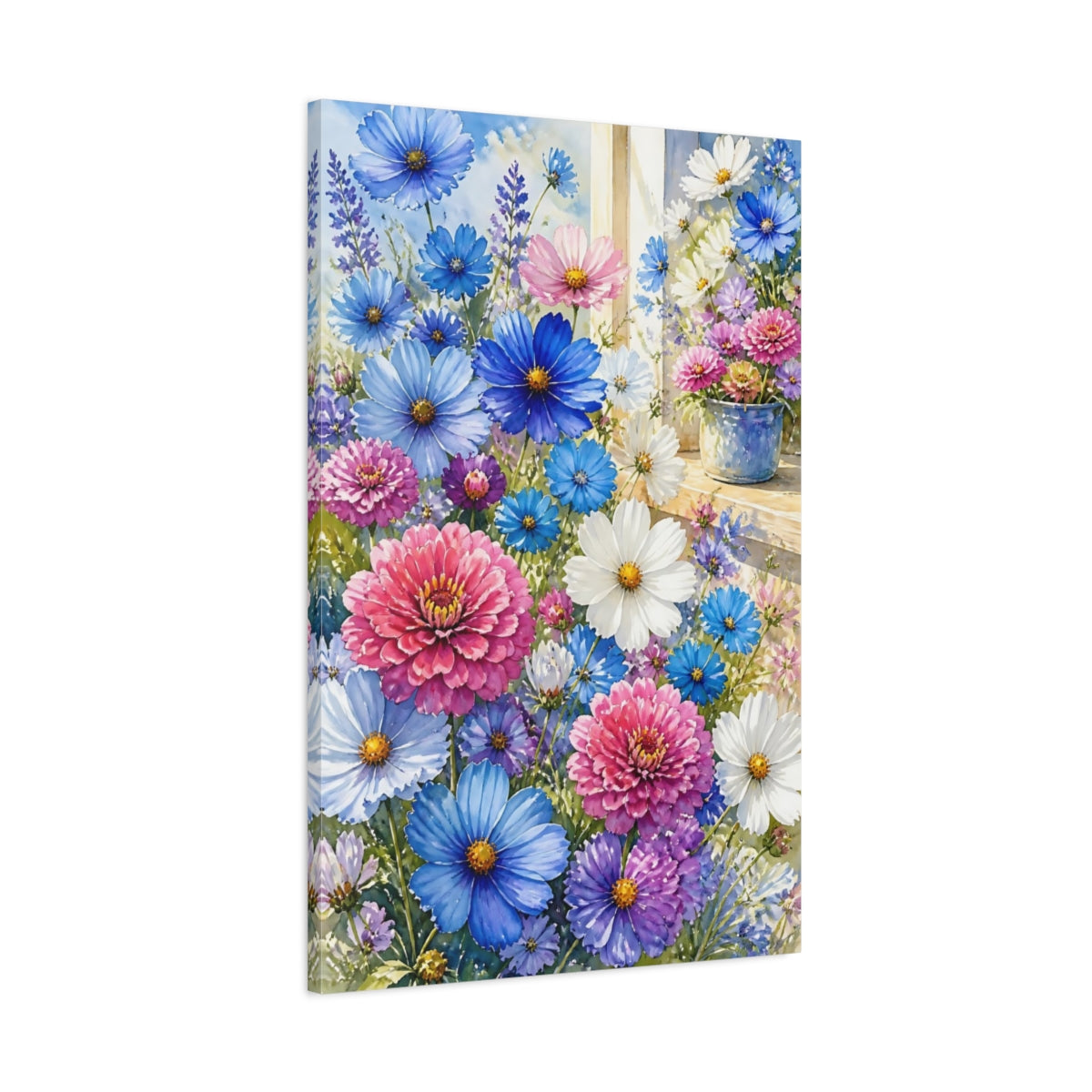 Main Mockup. Blue & Pink Garden Flowers shown as canvas print