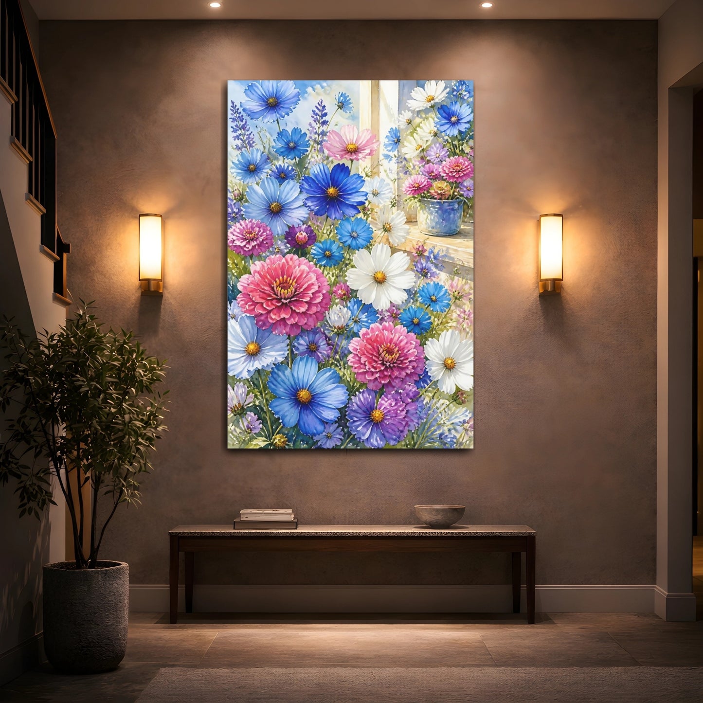 Mockup 2. Blue & Pink Garden Flowers shown as canvas print