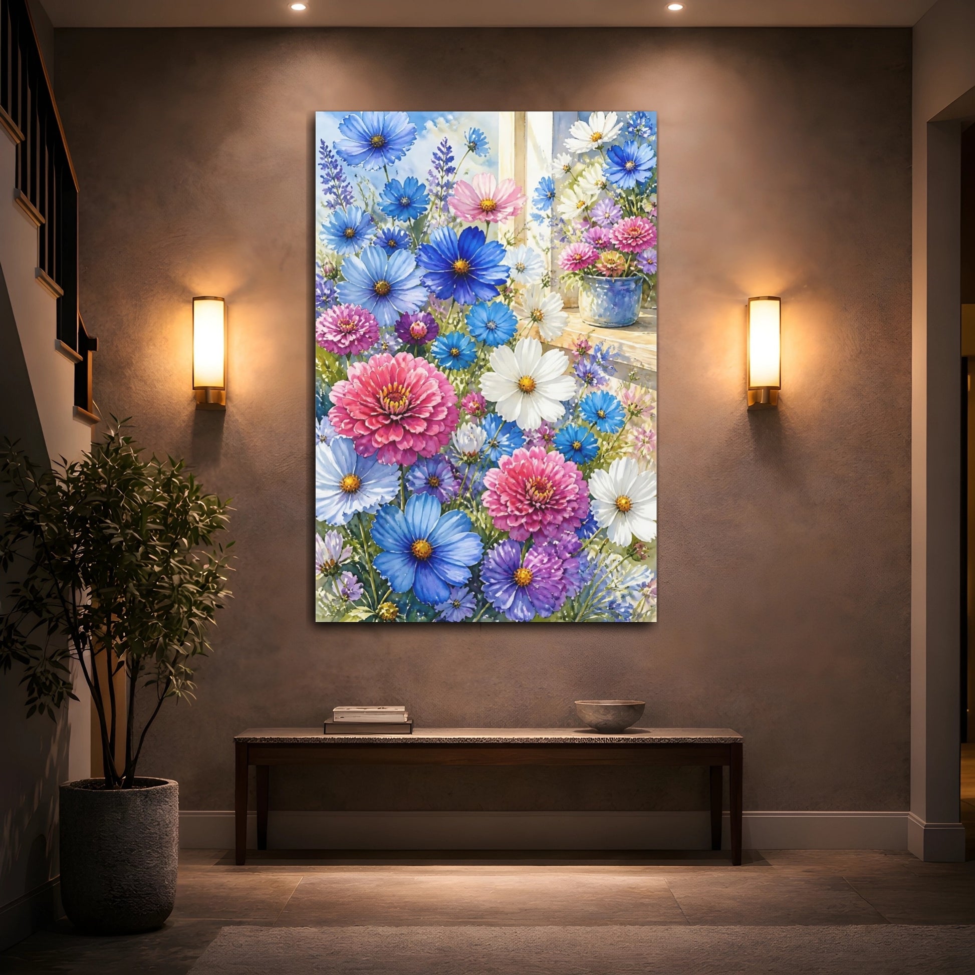 Mockup 2. Blue & Pink Garden Flowers shown as canvas print
