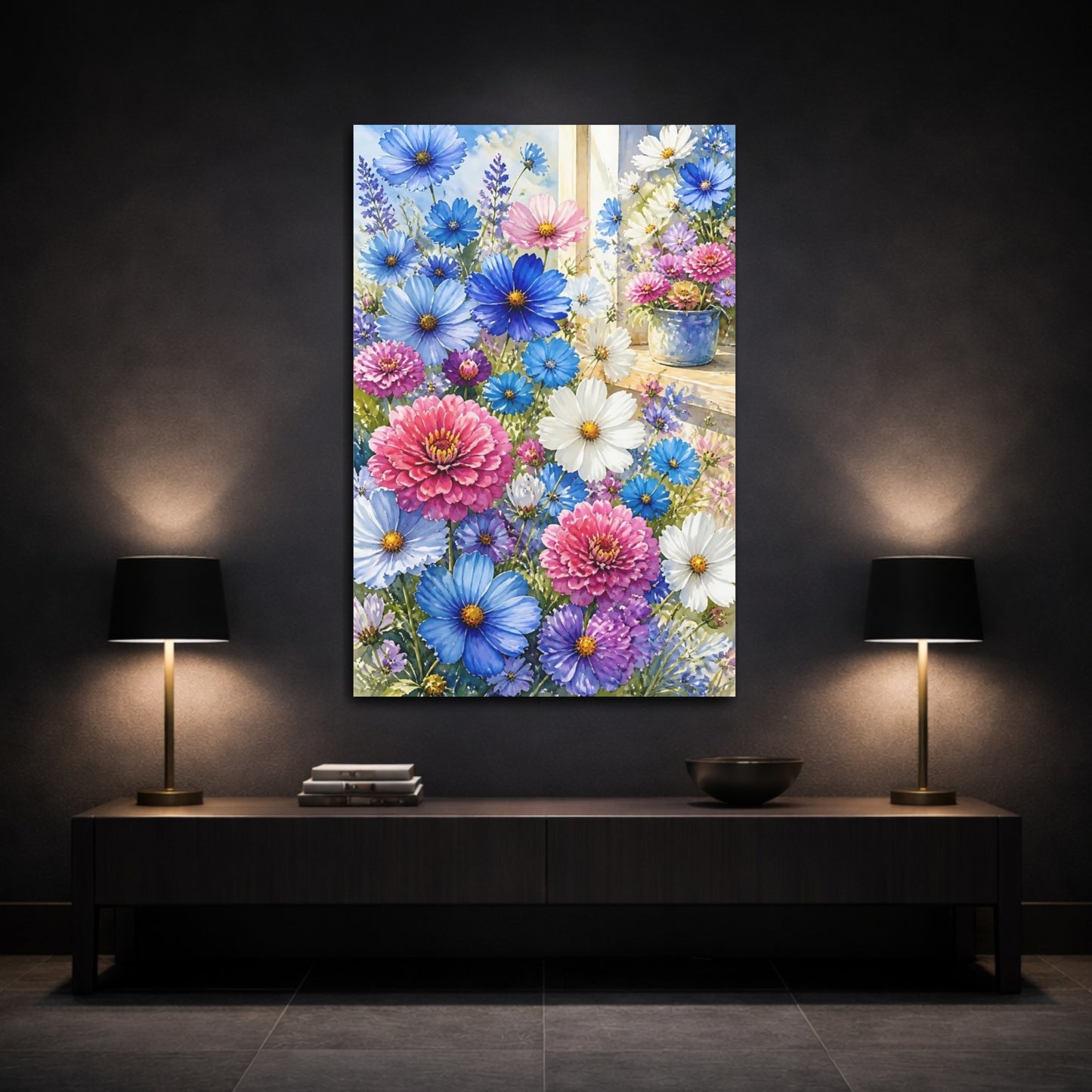 Mockup 3. Blue & Pink Garden Flowers shown as canvas print