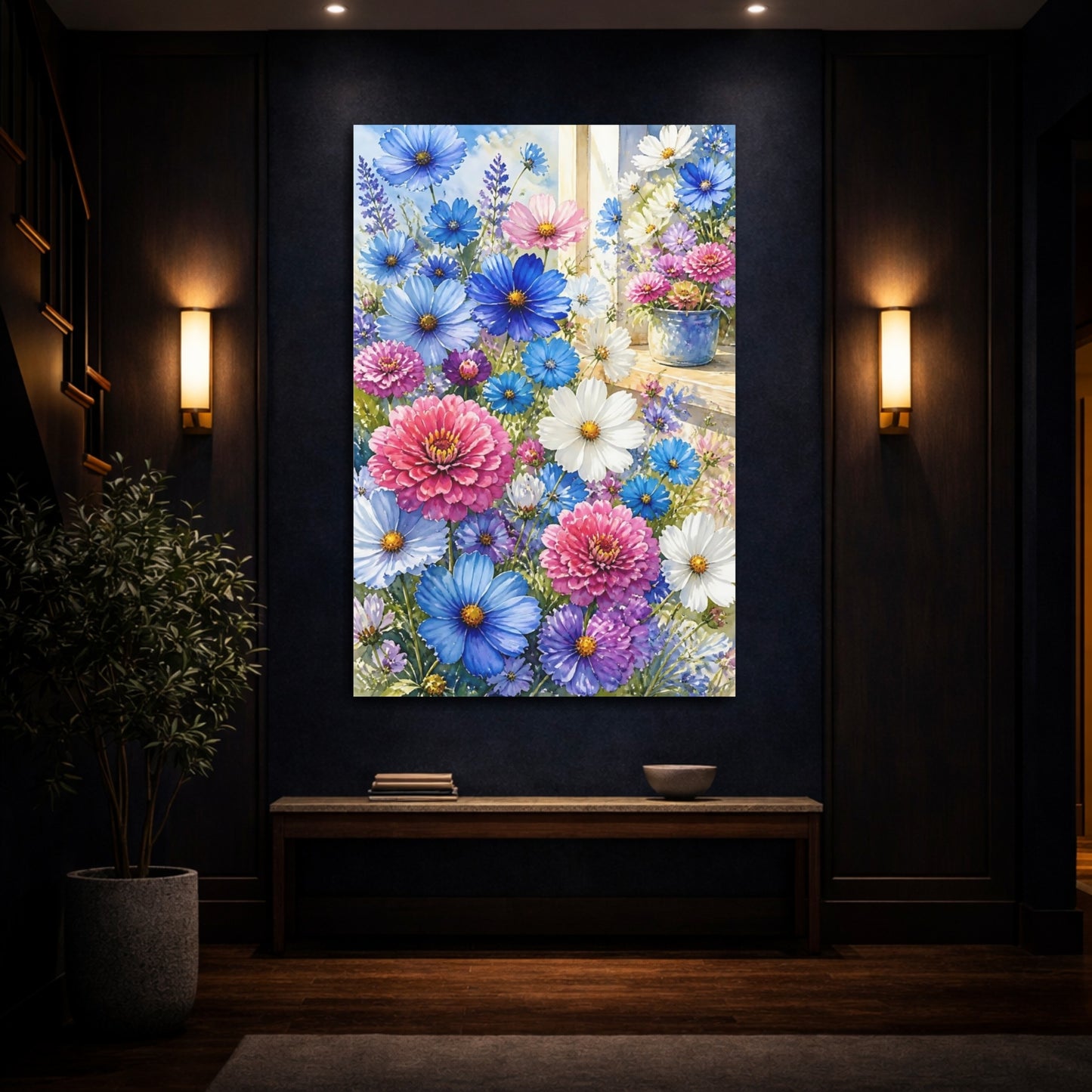 Mockup 4. Blue & Pink Garden Flowers shown as canvas print