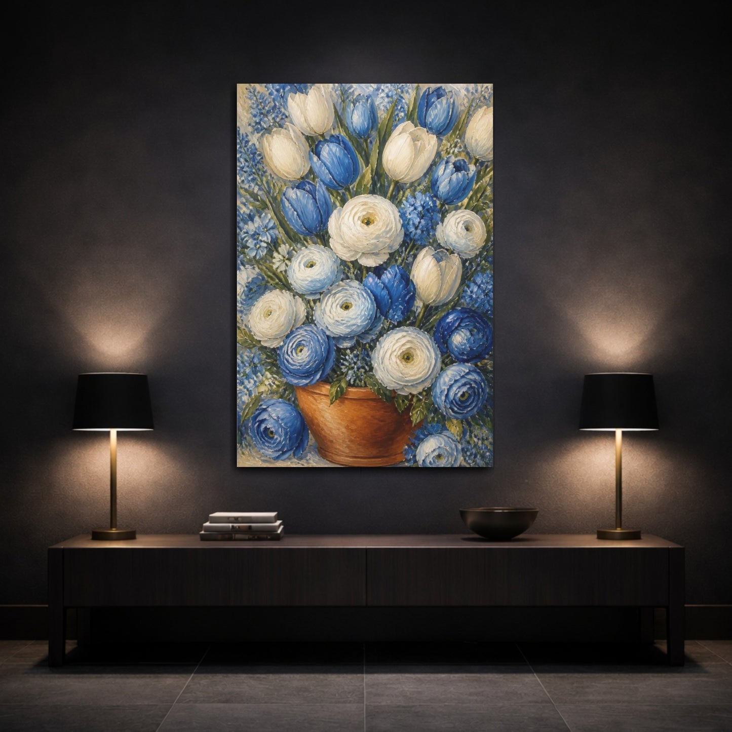 Mockup 3. Blue & White Flower Bouquet shown as canvas print