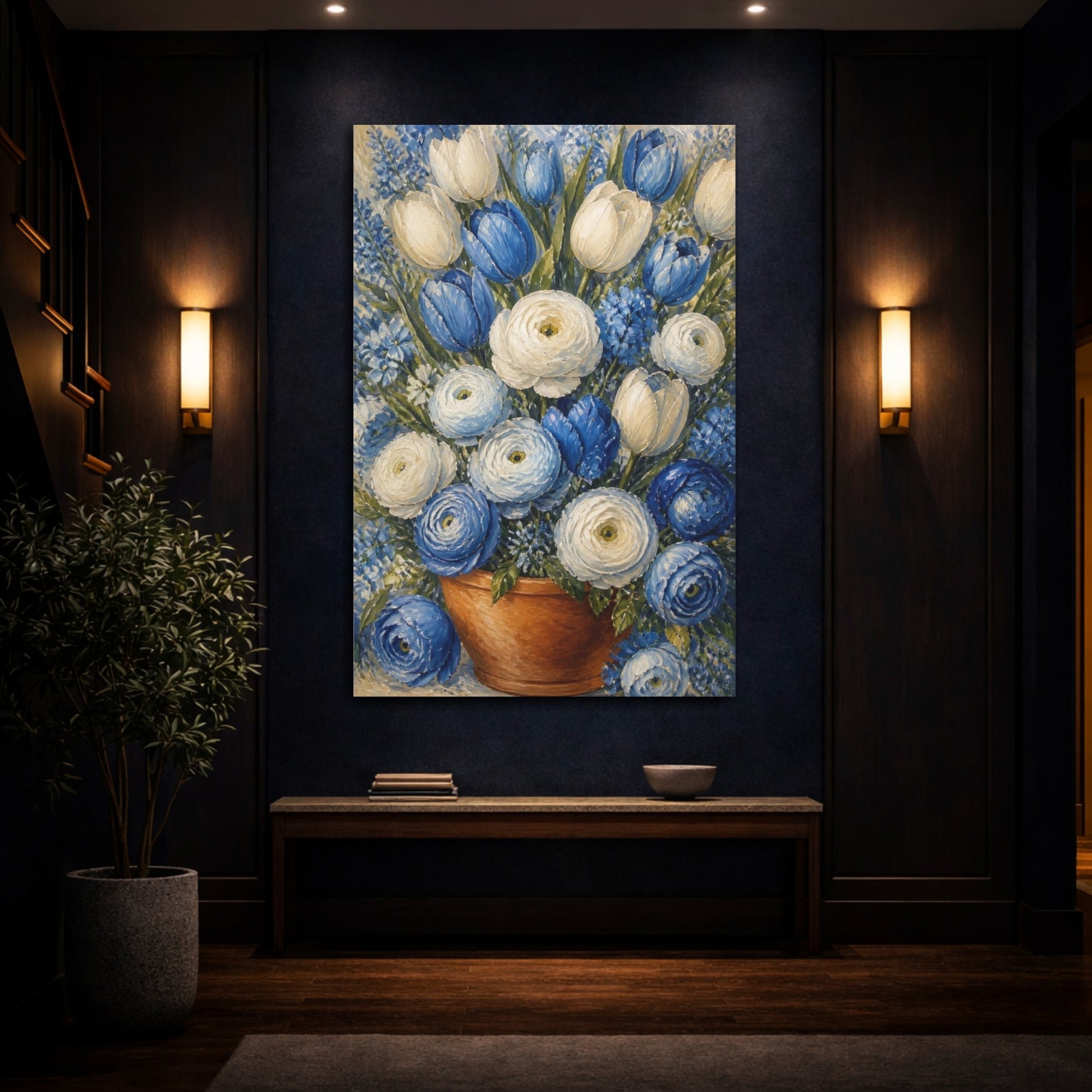 Mockup 4. Blue & White Flower Bouquet shown as canvas print