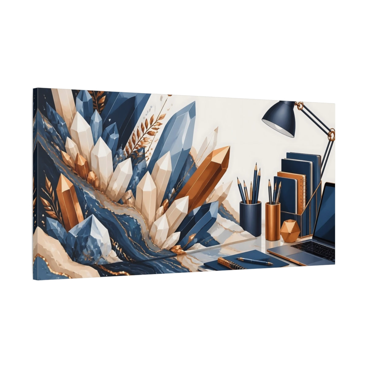 Main Mockup. Blue And Gold Crystal Desk shown as canvas print