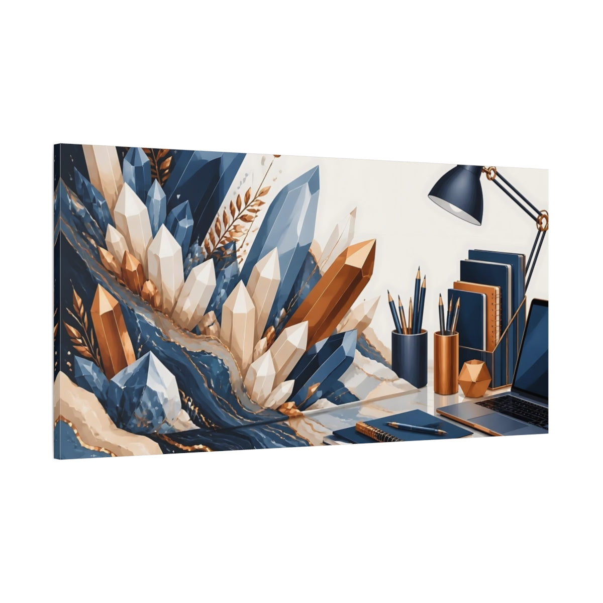 Side Mockup 2. Blue And Gold Crystal Desk shown as canvas print
