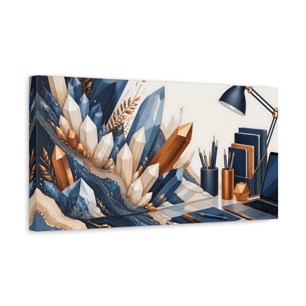 Side Mockup 3. Blue And Gold Crystal Desk shown as canvas print