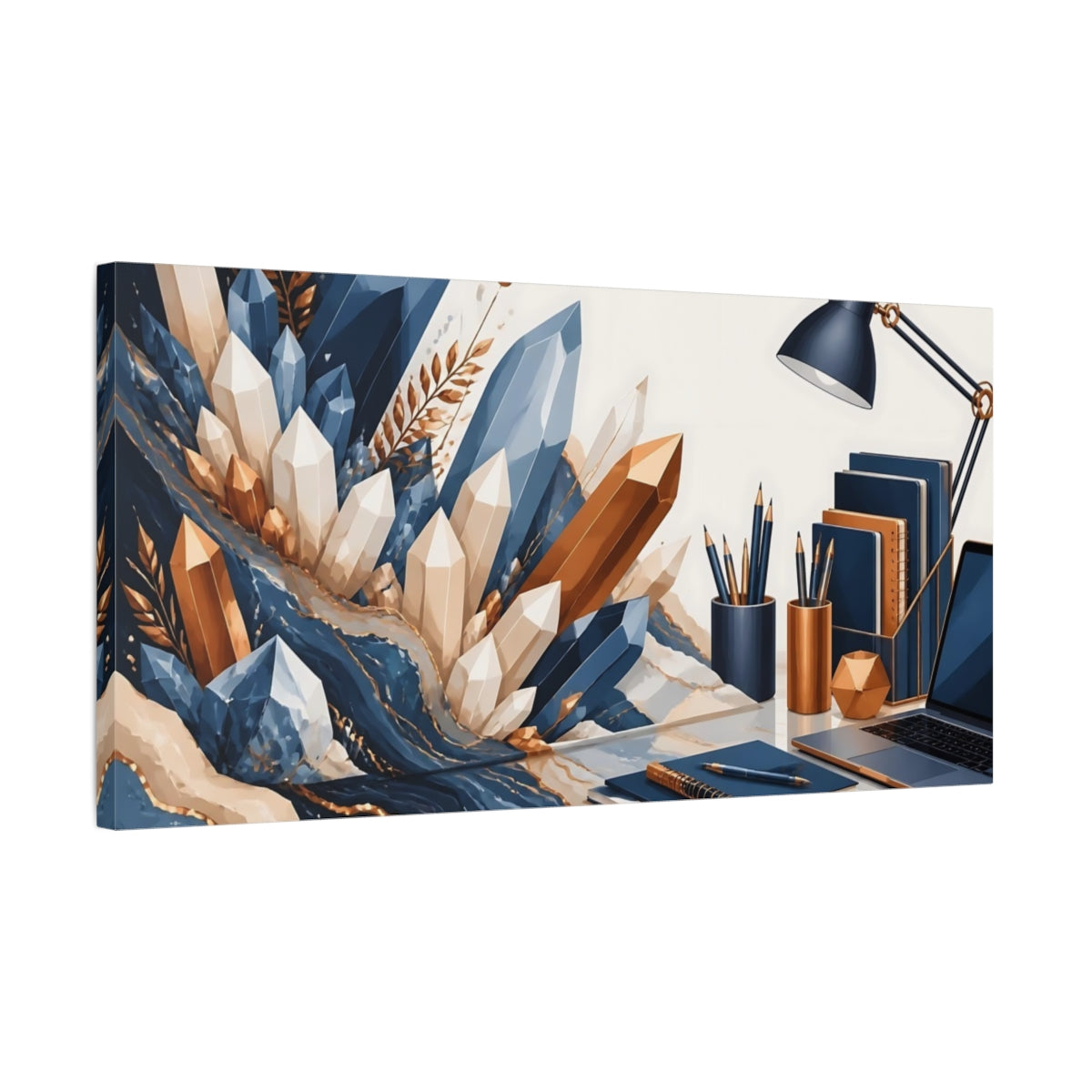Side Mockup 1. Blue And Gold Crystal Desk shown as canvas print
