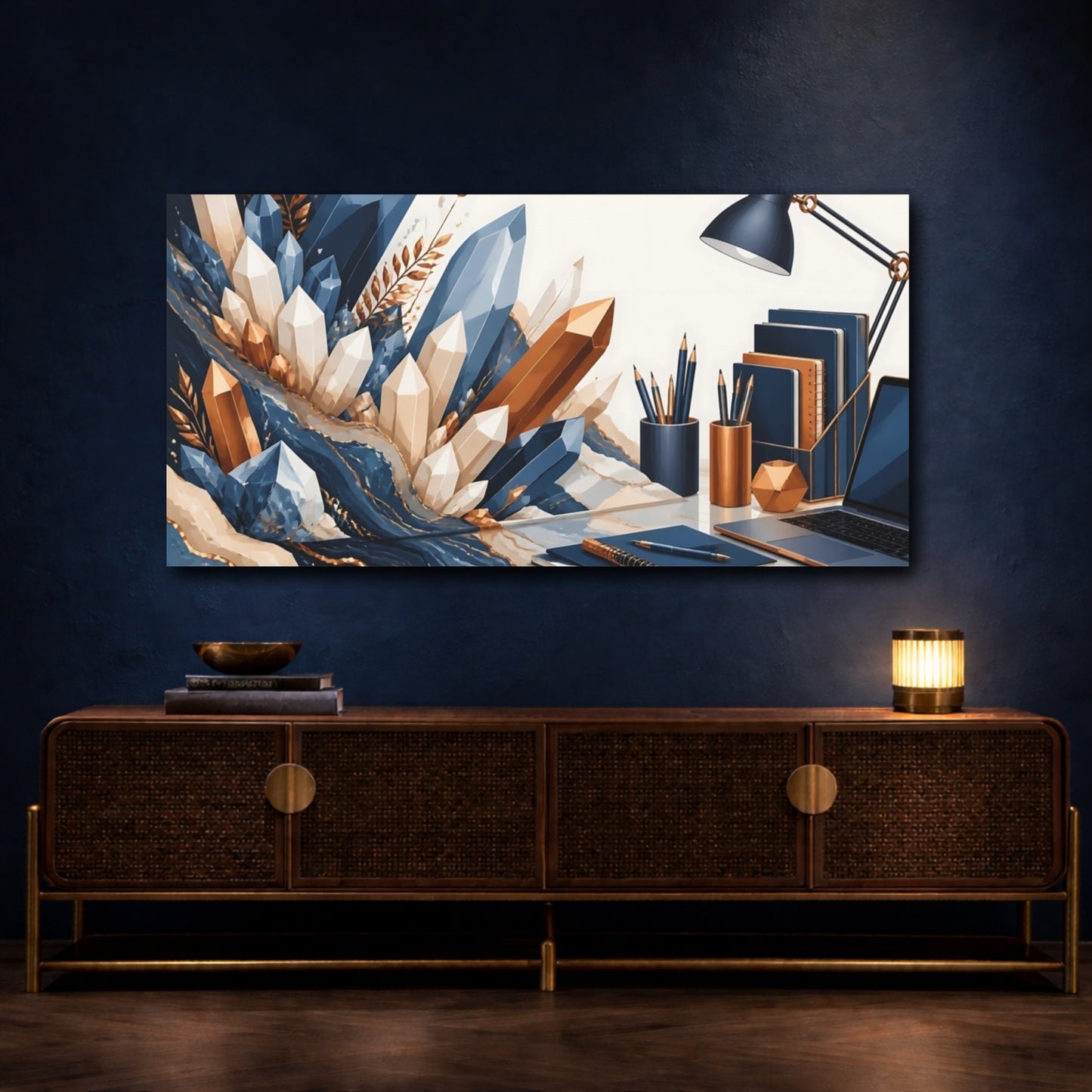 Mockup 4. Blue And Gold Crystal Desk shown as canvas print
