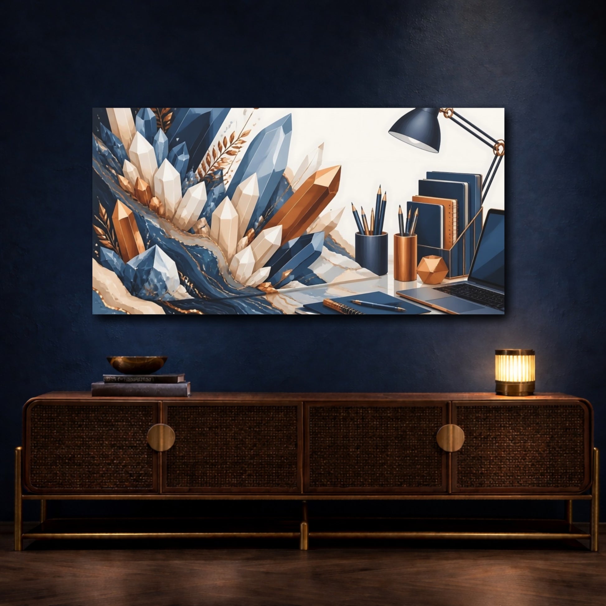 Mockup 4. Blue And Gold Crystal Desk shown as canvas print