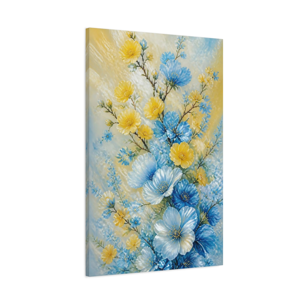 Main Mockup. Blue And Yellow Flowers Bouquet shown as canvas print
