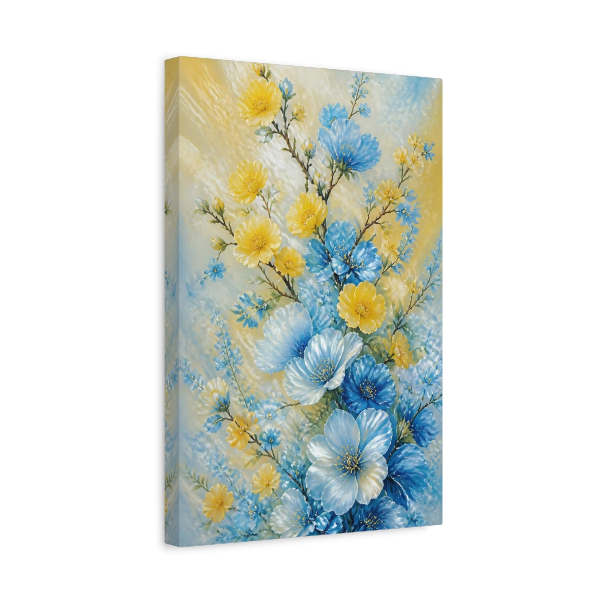 Side Mockup 4. Blue And Yellow Flowers Bouquet shown as canvas print