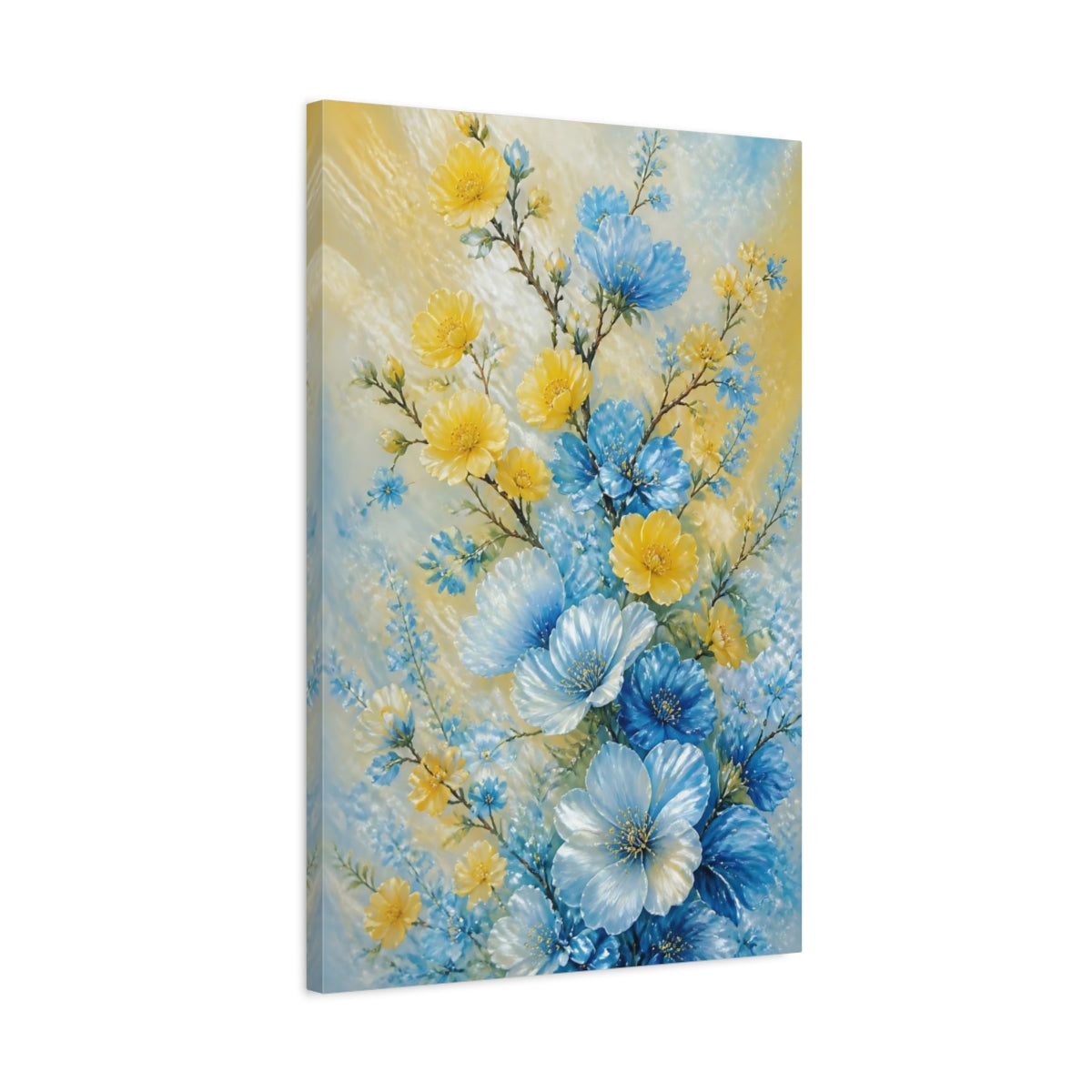 Side Mockup 2. Blue And Yellow Flowers Bouquet shown as canvas print