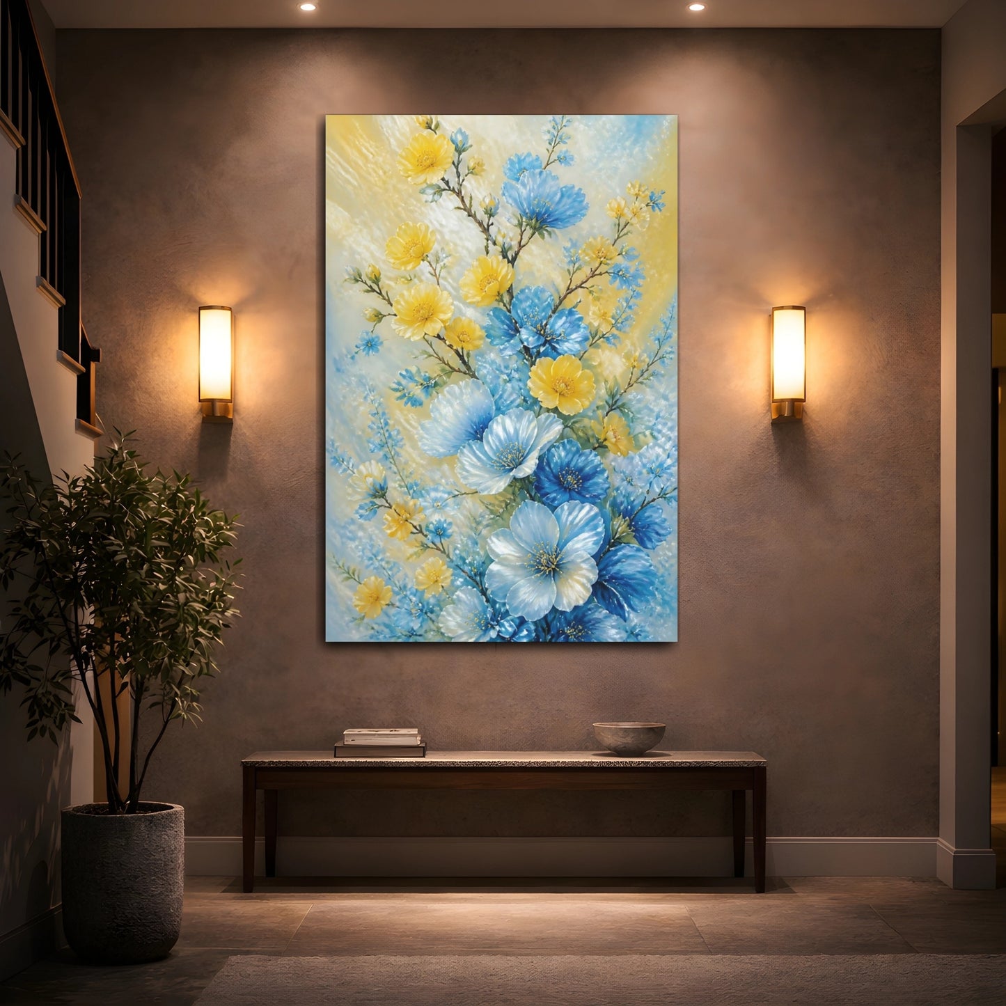 Mockup 2. Blue And Yellow Flowers Bouquet shown as canvas print
