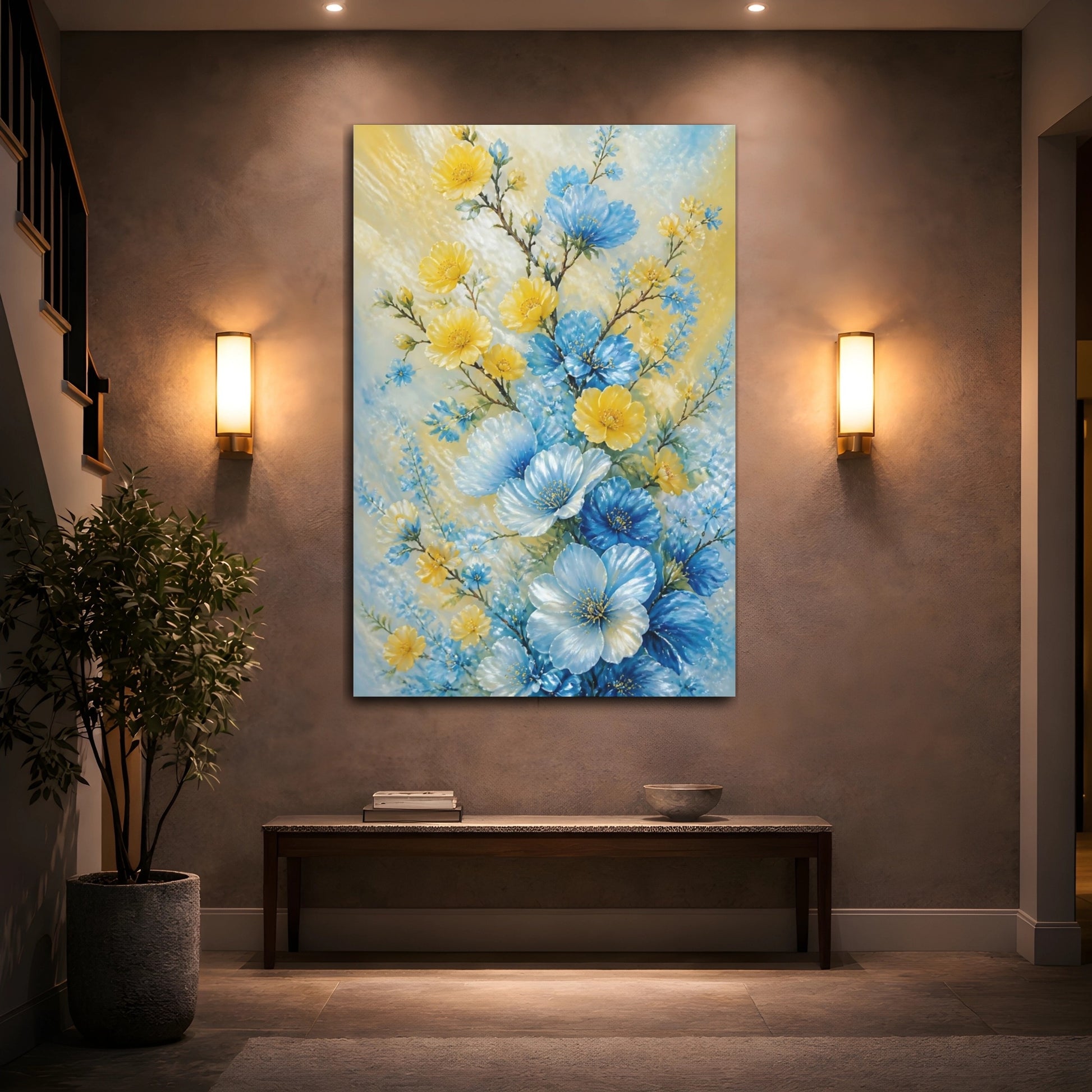 Mockup 2. Blue And Yellow Flowers Bouquet shown as canvas print