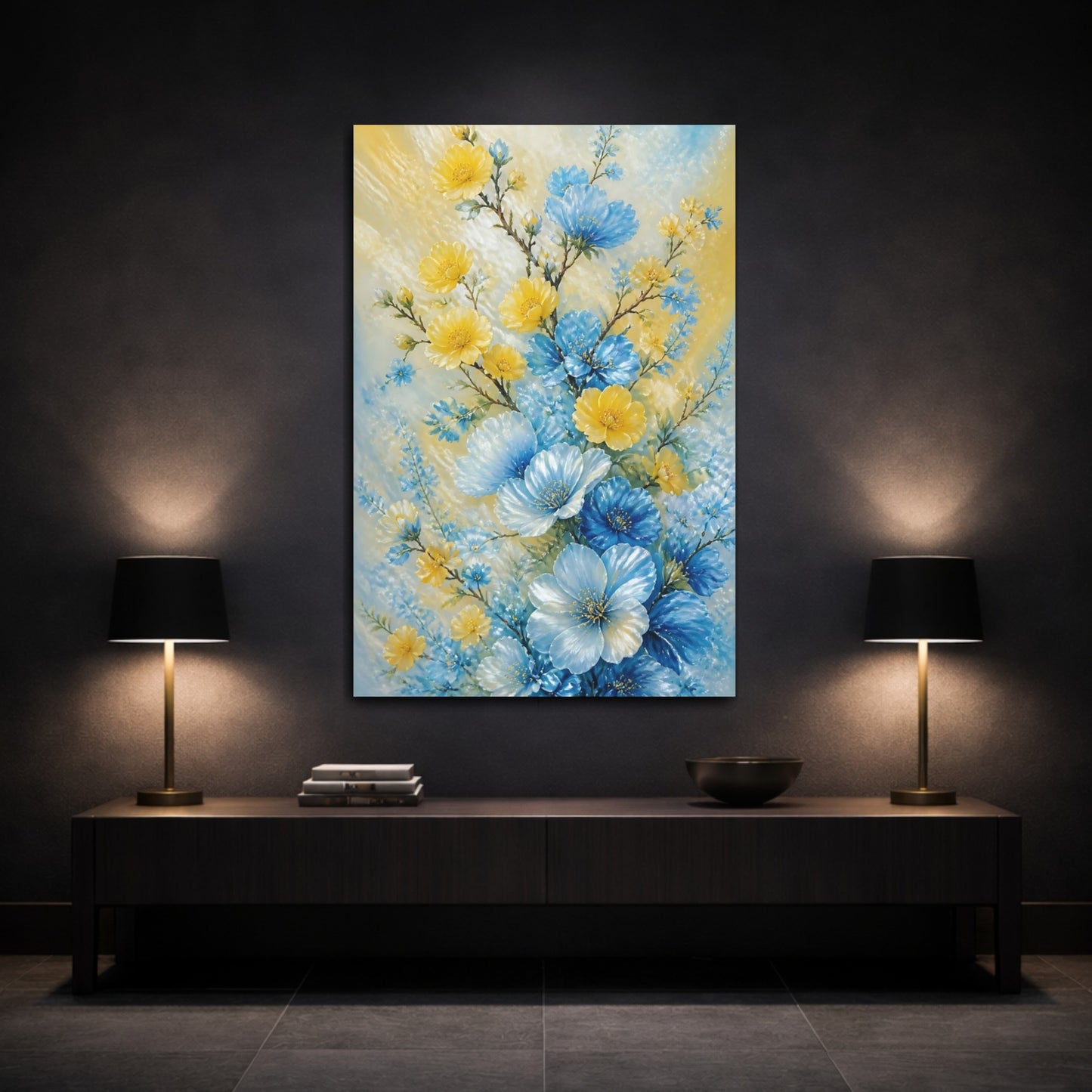 Mockup 3. Blue And Yellow Flowers Bouquet shown as canvas print