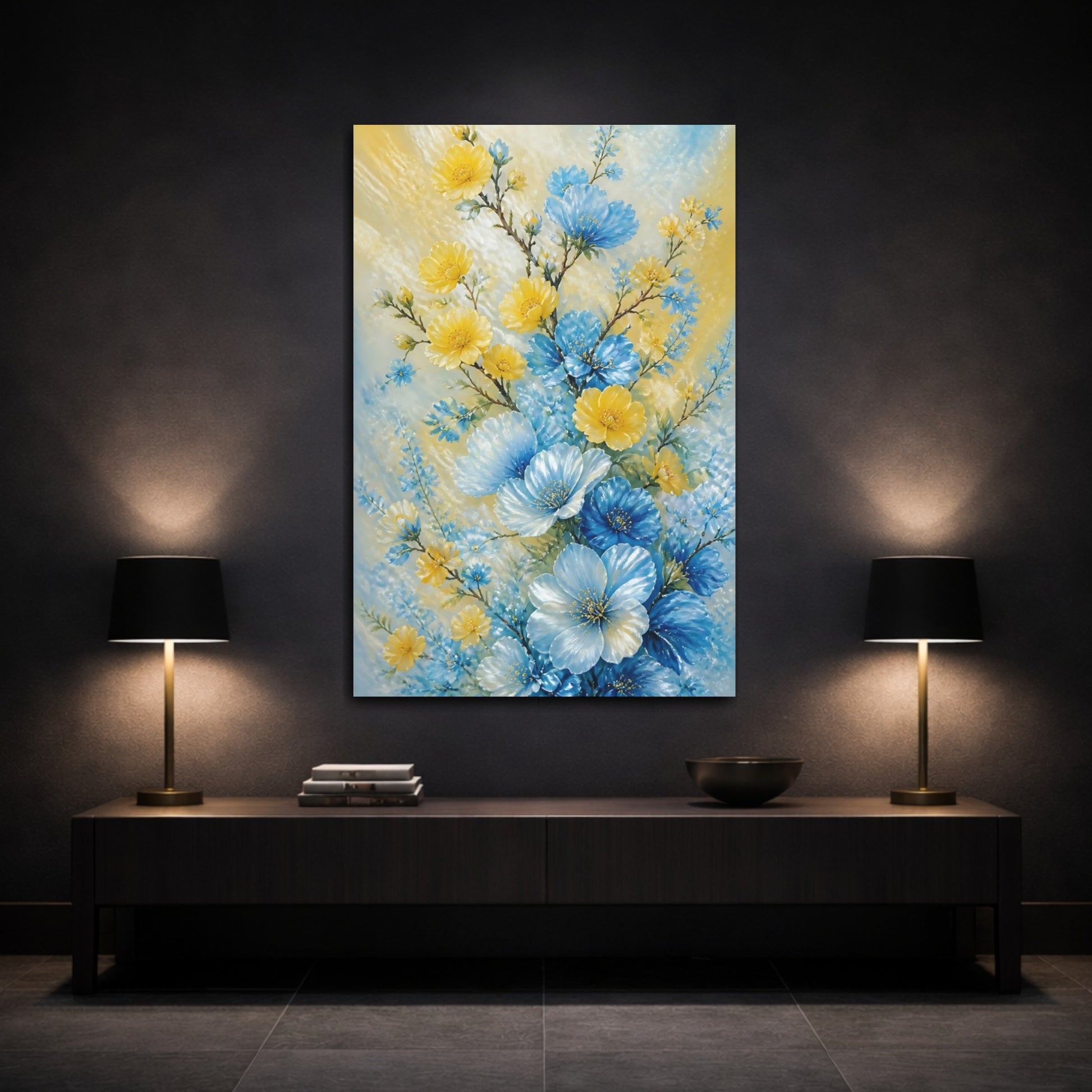 Mockup 3. Blue And Yellow Flowers Bouquet shown as canvas print