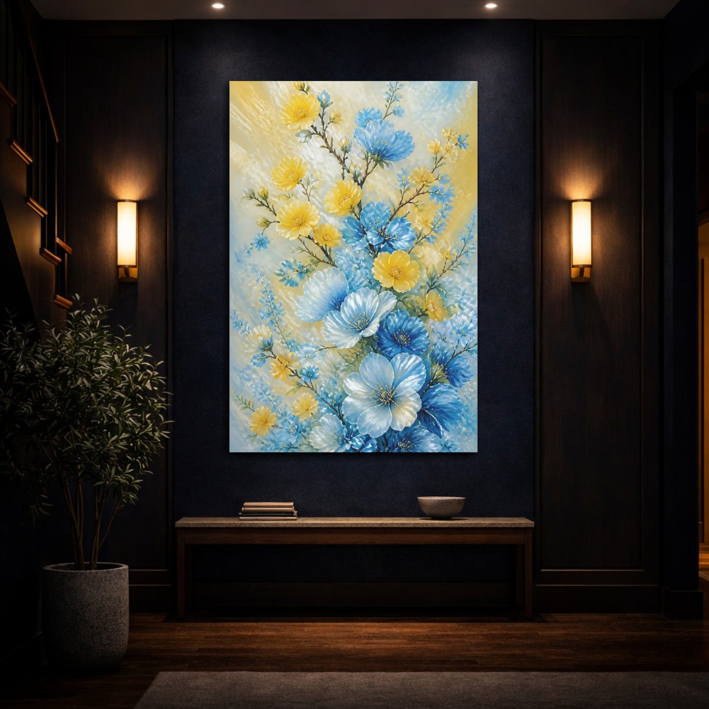 Mockup 4. Blue And Yellow Flowers Bouquet shown as canvas print