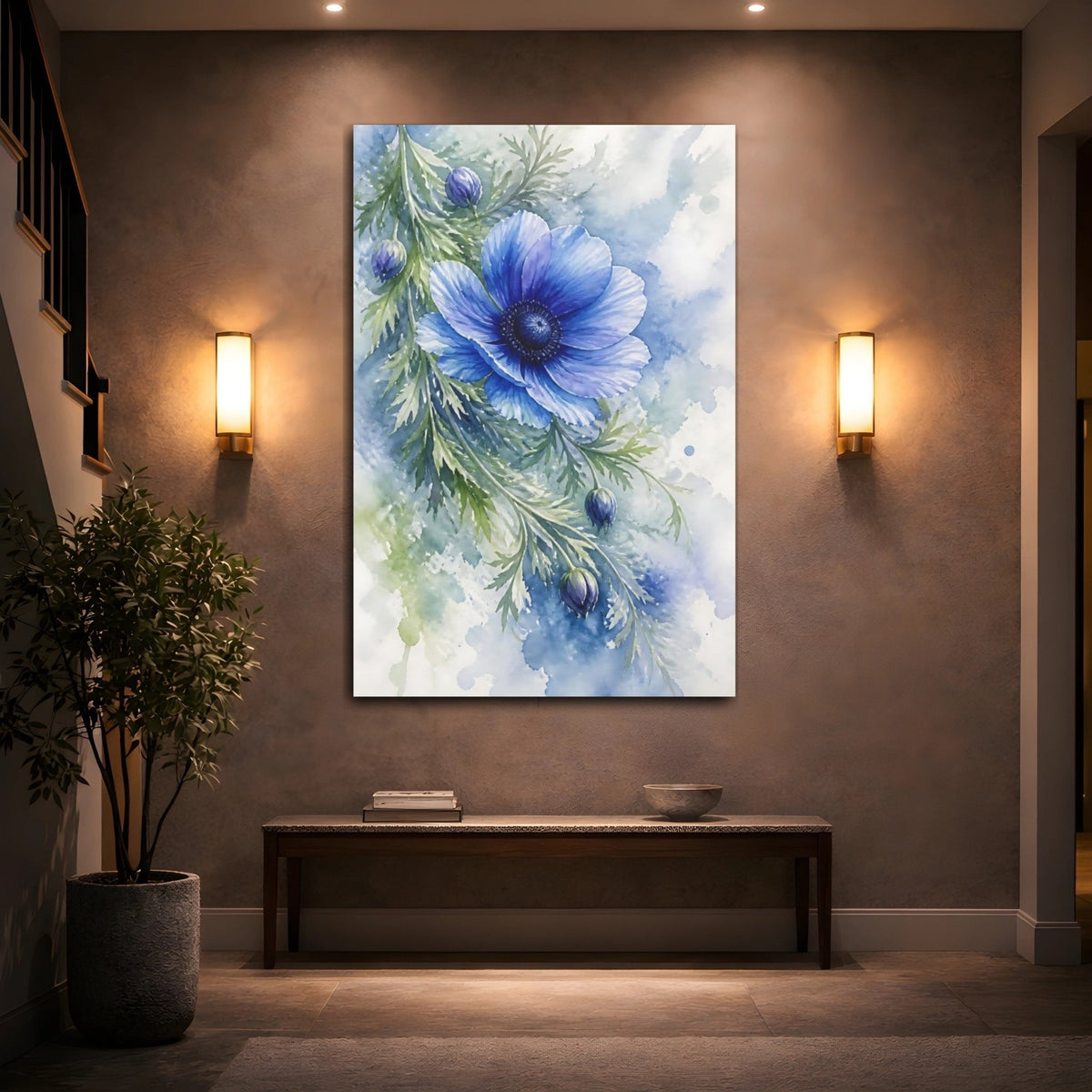 Blue Anemone Flower Canvas Print Wall Art – Bedroom Decor, Bed - YesArtYes