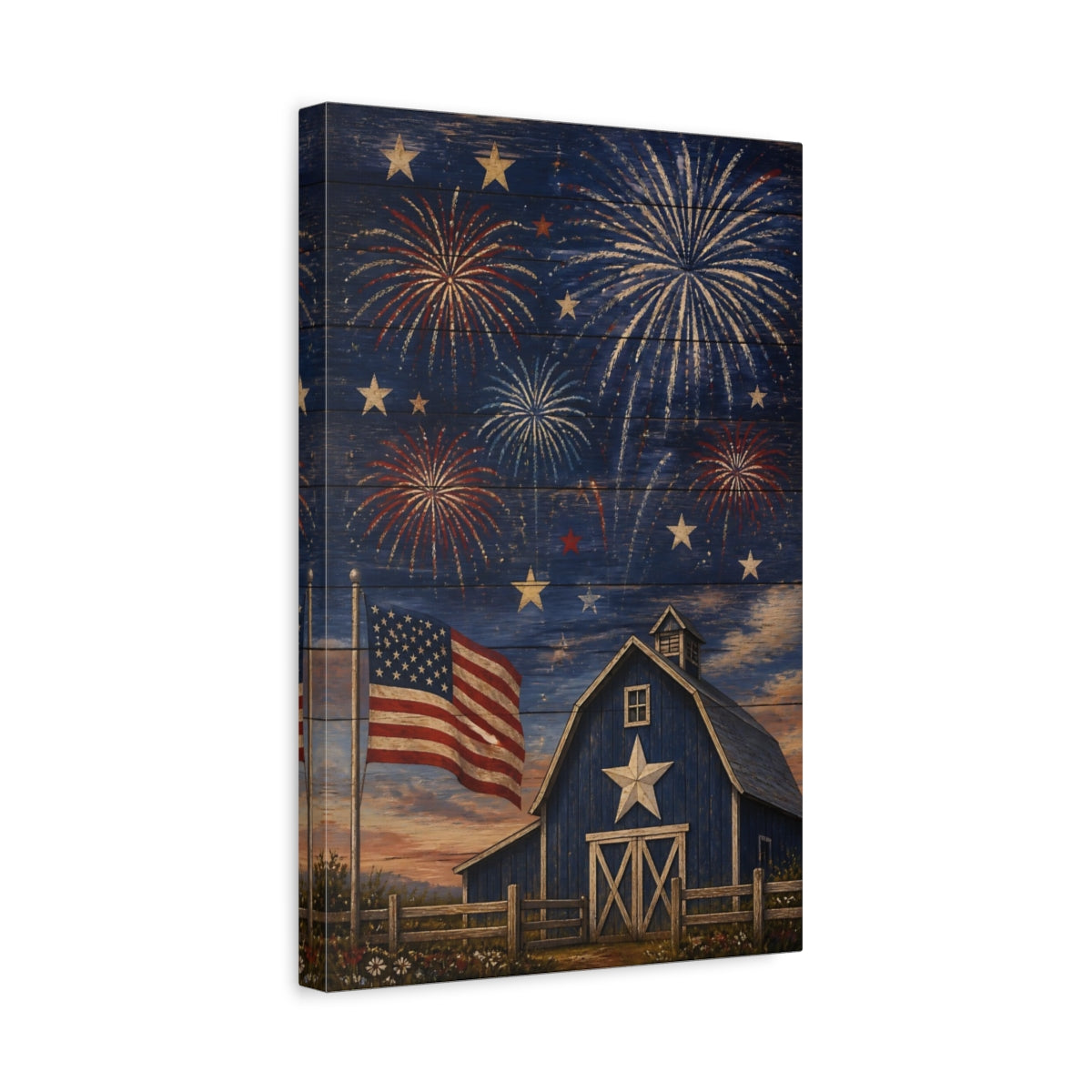 Side Mockup 4. Blue Barn Fireworks shown as canvas print