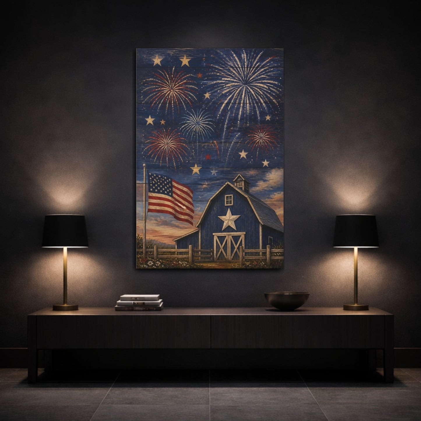 Mockup 3. Blue Barn Fireworks shown as canvas print
